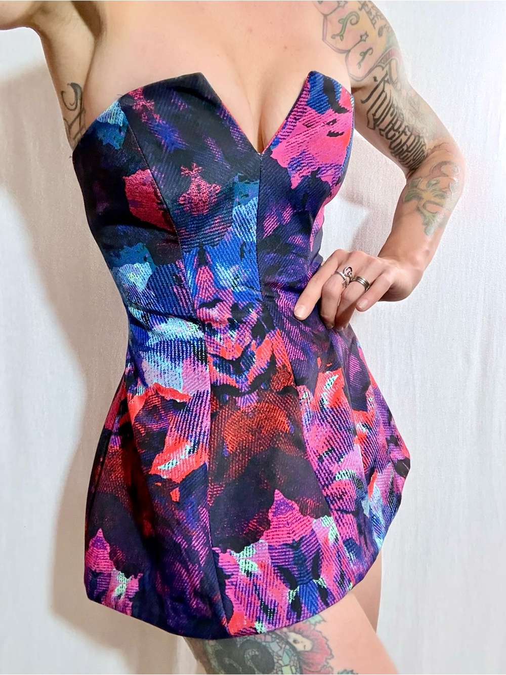 Finders Keepers S Strapless Multicolor Floral-Print Mini Dress